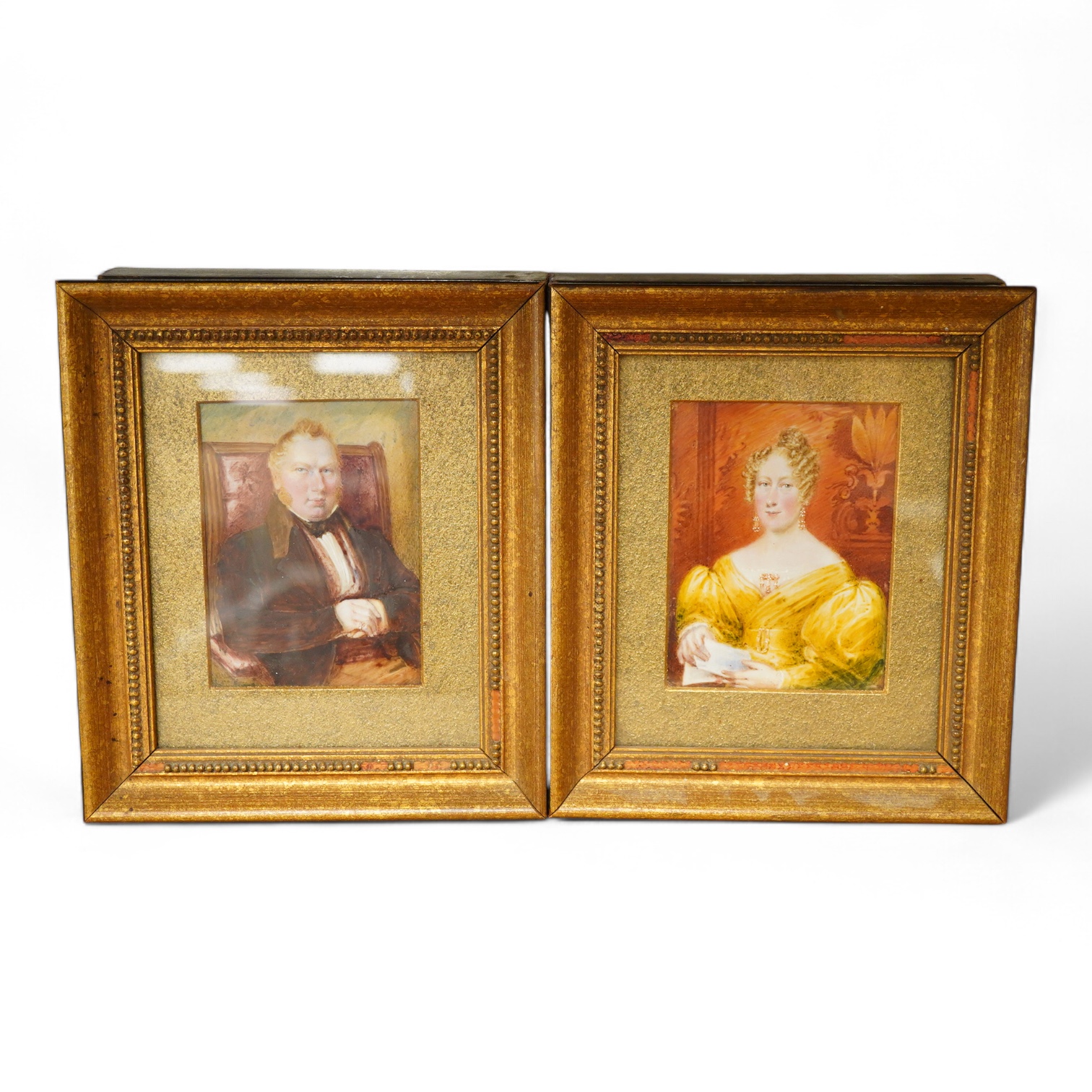 Regency School, Portrait miniatures of a husband and wife, pair of watercolours on ivory, gilt framed, 10 x 7cm CITES Submission reference M3Z9NQFM